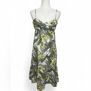 Tropical banana republic yellow plumeria print midi dress. Cotton linen blend.